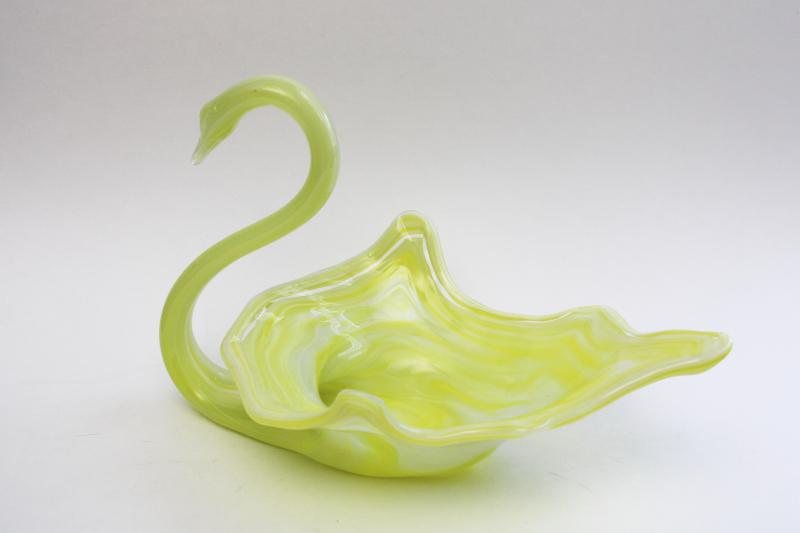 vintage Murano style Sooner art glass swan, slag glass bowl or planter lemon pie yellow & white