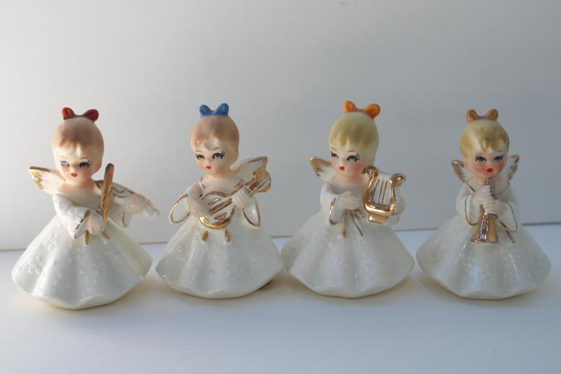 vintage Napco Japan Christmas angels figurines, mini angel band w/ musical instruments