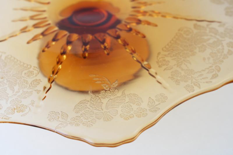 vintage New Martinsville Radiance amber glass cake stand flower basket etched pattern 