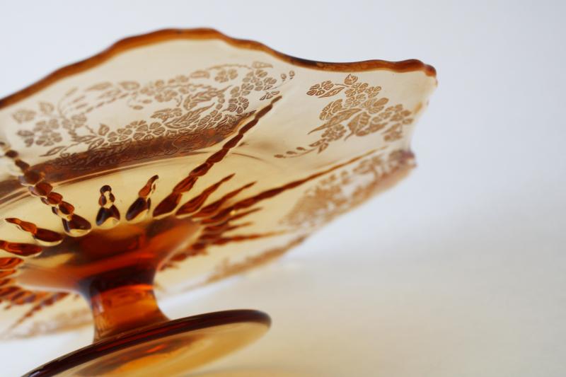 vintage New Martinsville Radiance amber glass cake stand flower basket etched pattern 