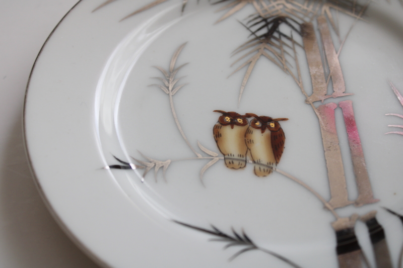 vintage Nippon hand painted china plate, brown owls  platinum bamboo, mark in Japanese characters