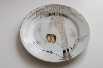 vintage Nippon hand painted china plate, brown owls  platinum bamboo, mark in Japanese characters