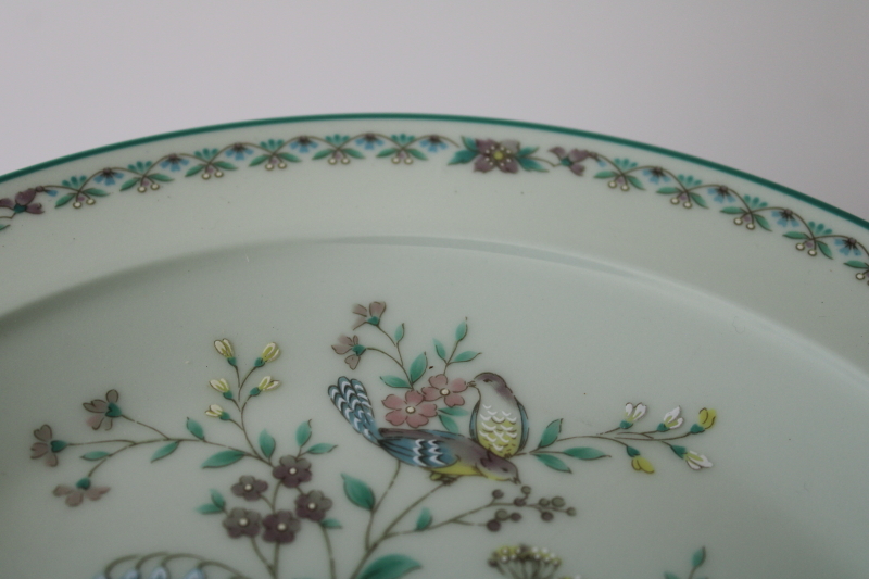 vintage Noritake china dinner plates, Paradise birds floral on pale green calyx ware color