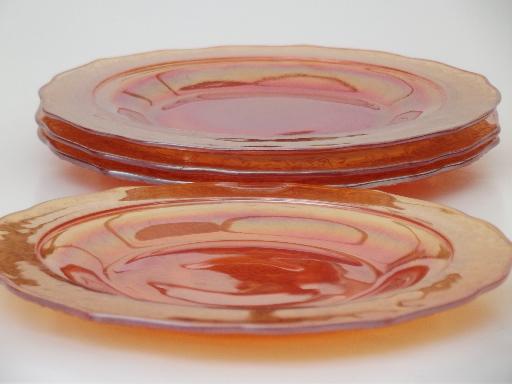 vintage Normandie carnival glass plates, iridescent marigold luster glass