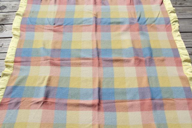 vintage North Star pure wool bed blanket, candy colors pastel checked plaid