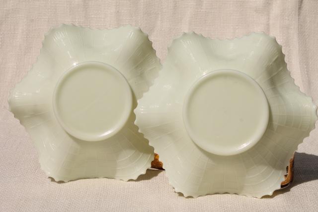 Download vintage Northwood custard glass grape & cable pattern bowls, crimped ruffle basket shape