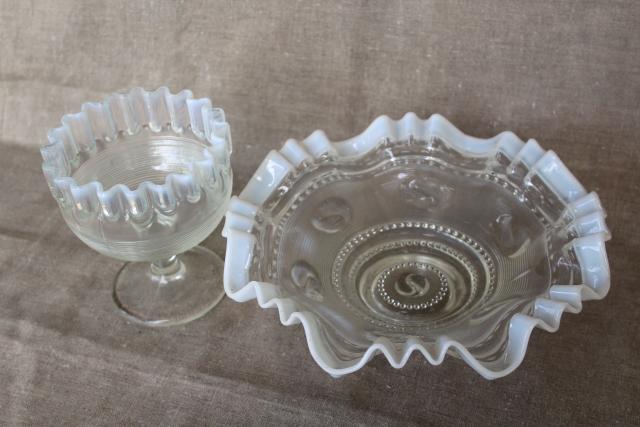 vintage Northwood white opalescent glass two part flower bowl, spool threaded pattern
