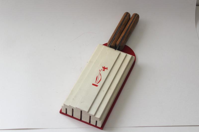 vintage Nuway knife block , 1930s red & white wall hanging wood rack for kitchen knives