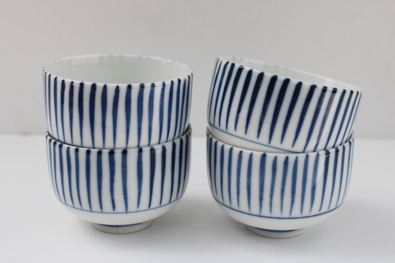 vintage OMC Otagiri tea bowls or tiny dishes, indigo blue line white porcelain