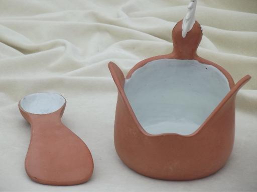 vintage Oaxaca Mexican pottery rooster shape bowl & spoon, Oaxaca Mexico