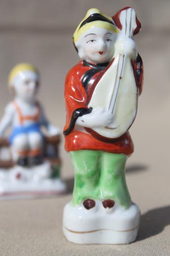vintage Occupied Japan figurines, hand-painted china buster brown boy, minstrel w/ lute