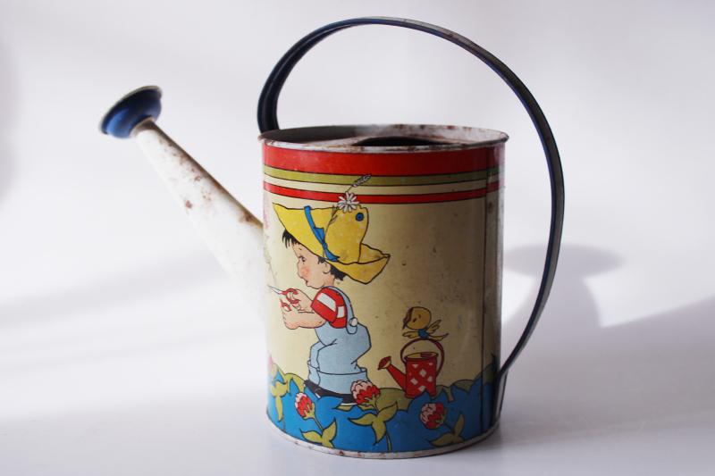 vintage Ohio Art tin toy watering can, childs garden or sandbox sprinkling can