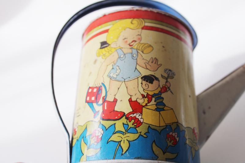 vintage Ohio Art tin toy watering can, childs garden or sandbox sprinkling can
