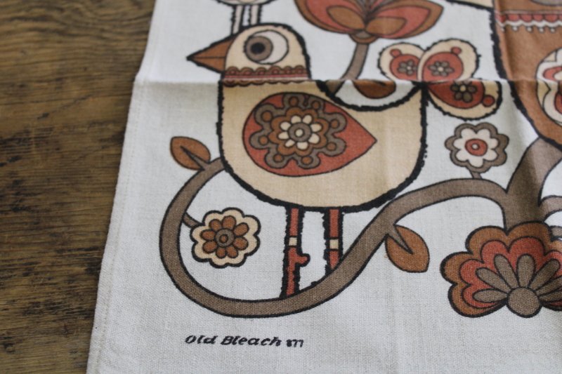 vintage Old Bleach Ireland linen cotton tea towel w/ birds folk art print