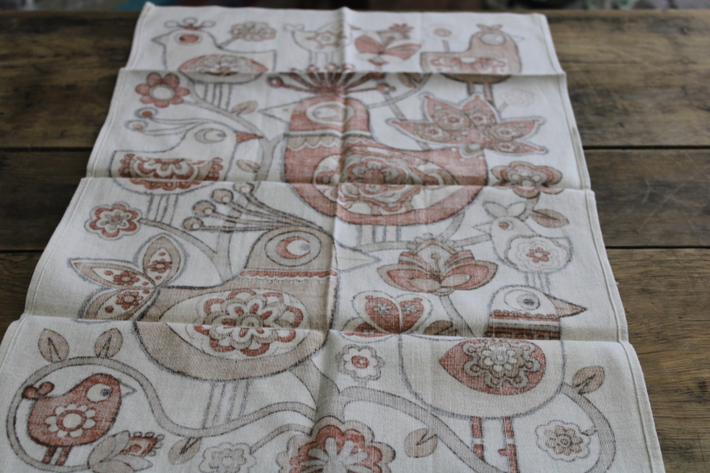 vintage Old Bleach Ireland linen cotton tea towel w/ birds folk art print