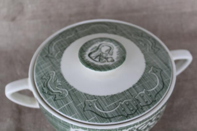vintage Old Curiosity Shop green transferware covered bowl serving dish, Royal - USA
