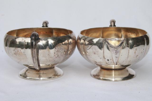 vintage Old English silver plate over copper, antique reproduction cream & sugar set