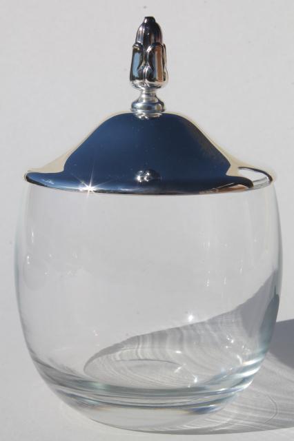 vintage Oneida condiment set, glass jar jam pot w/ silver spoon & tray 