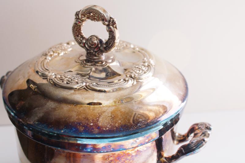 vintage Oneida silver plate ice bucket w/ glass liner bowl, Du Maurier pattern