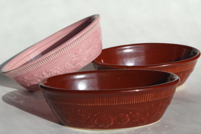 vintage Oven Serve pottery bowls, oval dishes w/ embossed floral Homer Laughlin & TST