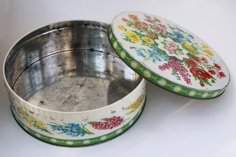 vintage Peek Frean biscuit tin w/ bright flowers, large round box English biscuits