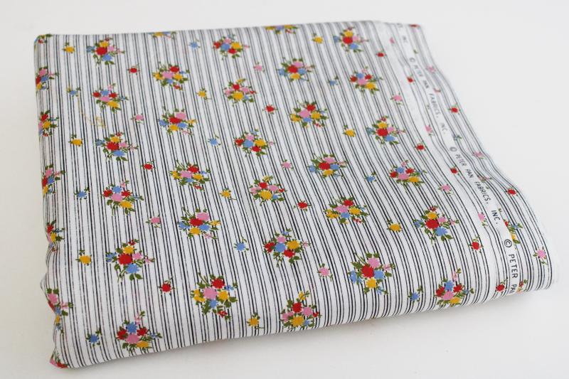 vintage Peter Pan cotton print fabric, small multicolored flowers w/ fine black stripe