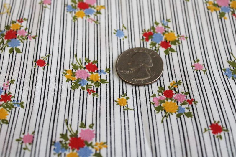 vintage Peter Pan cotton print fabric, small multicolored flowers w/ fine black stripe