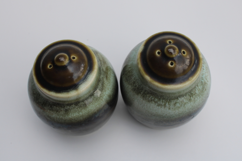vintage Pfaltzgraff Gourmet copper green drip glaze pottery salt  pepper shakers set