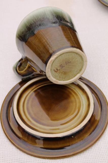 vintage Pfaltzgraff copper green drip glaze pottery, 12 heavy stoneware cups & saucers