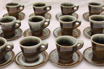 vintage Pfaltzgraff copper green drip glaze pottery, 12 heavy stoneware cups & saucers