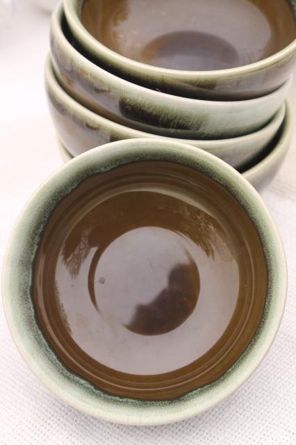 vintage Pfaltzgraff copper green drip glaze pottery, cereal / oatmeal bowls set of 6
