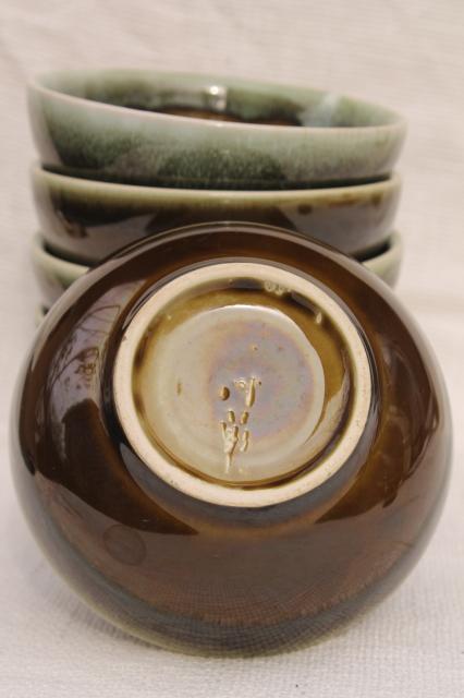 vintage Pfaltzgraff copper green drip glaze pottery, cereal / oatmeal bowls set of 6