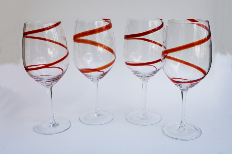 vintage Pier 1 Swirline red / crystal clear water goblets wine glasses