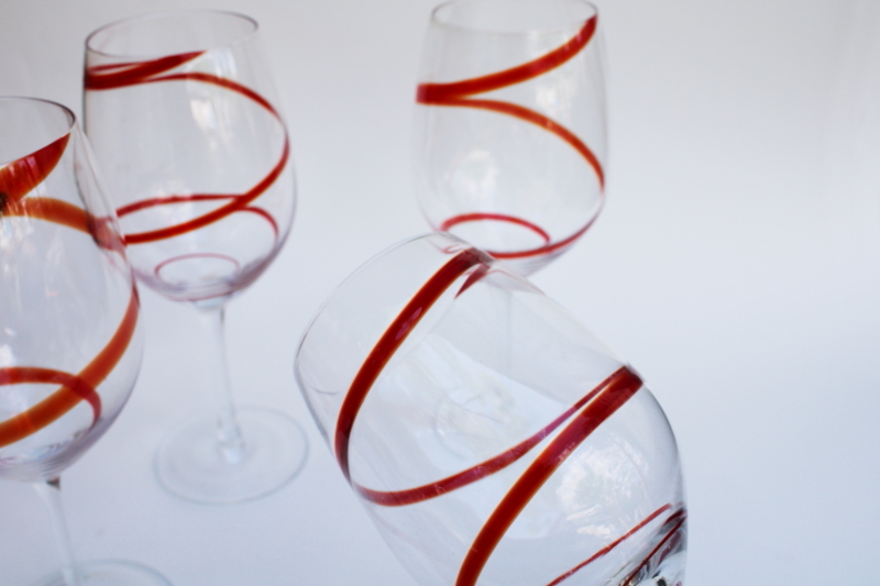 vintage Pier 1 Swirline red / crystal clear water goblets wine glasses