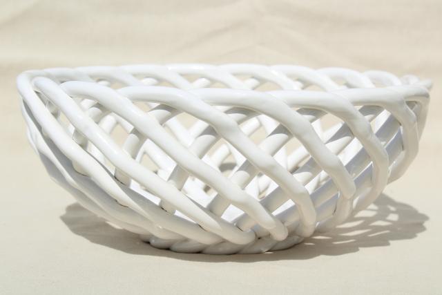 Download vintage Pier 1 glossy white ceramic basket weave fruit bowl centerpiece