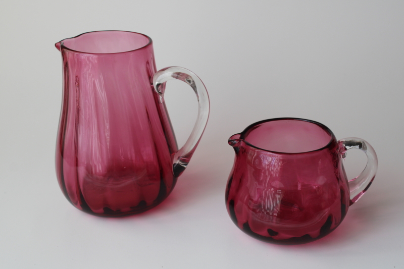 Vintage Pilgrim Hand Blown Cranberry Glass Two Small Pitchers W Clear Glass Handles