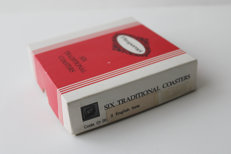 vintage Pimpernel cork backed coasters set, old English inns British pubs