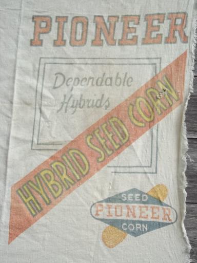 vintage Pioneer seed bag, print cotton fabric grain sack for corn