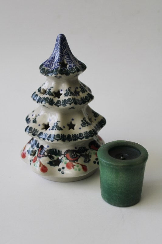 vintage Polish pottery Christmas tree candle luminary, little robins bird pattern