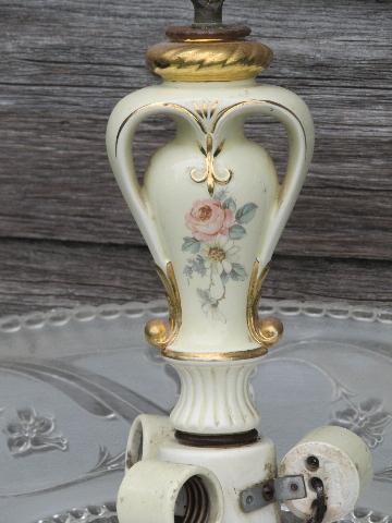 vintage Porcelier floral china hanging light, daffodil glass lamp shade