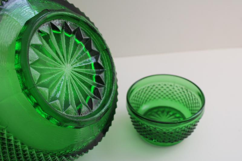 vintage Portugal forest green glassware, diamond point hobnail pattern glass bowls