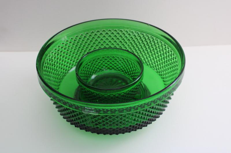 vintage Portugal forest green glassware, diamond point hobnail pattern glass bowls