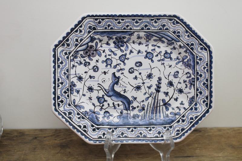 vintage Portugal pottery tray, tile blue & white w/ hand painted deer & flowers