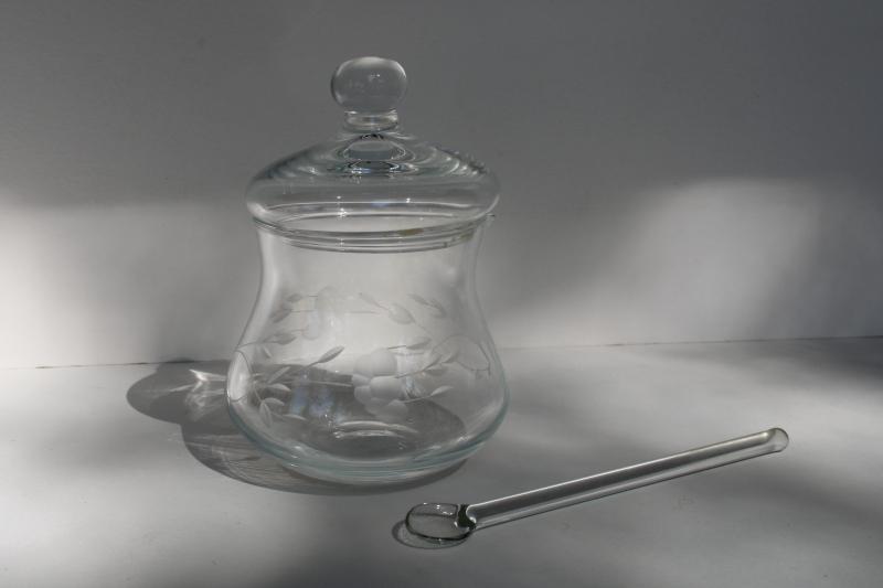 vintage Princess House Heritage etched glass jam or jelly jar w/ lid & spoon
