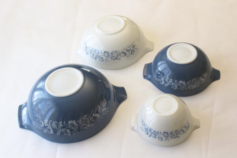 vintage Pyrex Cinderella bowls, four bowl stack Colonial Mist blue & white flowers