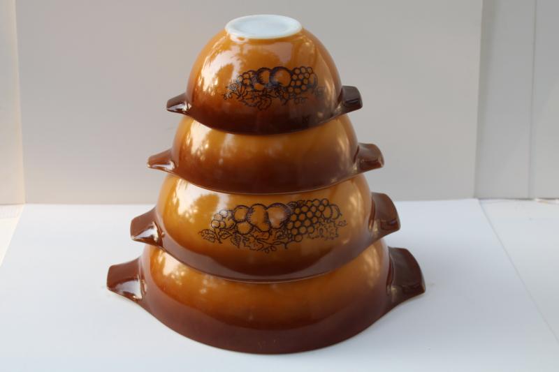 vintage Pyrex cinderella bowls set of four, Old Orchard fruit pattern brown ombre