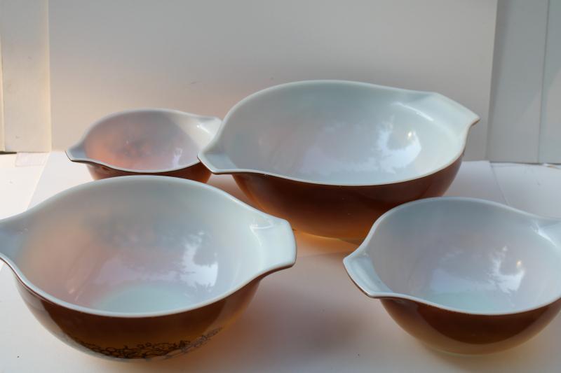 vintage Pyrex cinderella bowls set of four, Old Orchard fruit pattern brown ombre