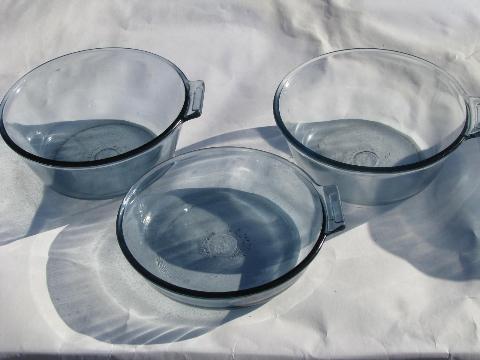 vintage Pyrex flameware blue glass pots & pans, saucepan bowls lot