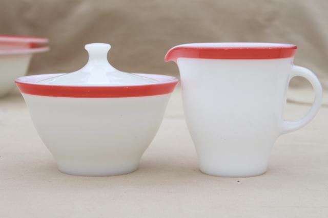 vintage Pyrex flamingo pink border milk glass dishes, retro red & white dinnerware set