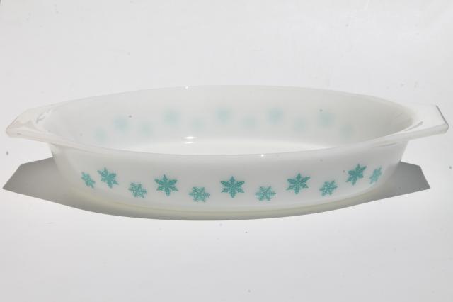 vintage Pyrex glass casseroles, aqua blue & white snowflake pattern